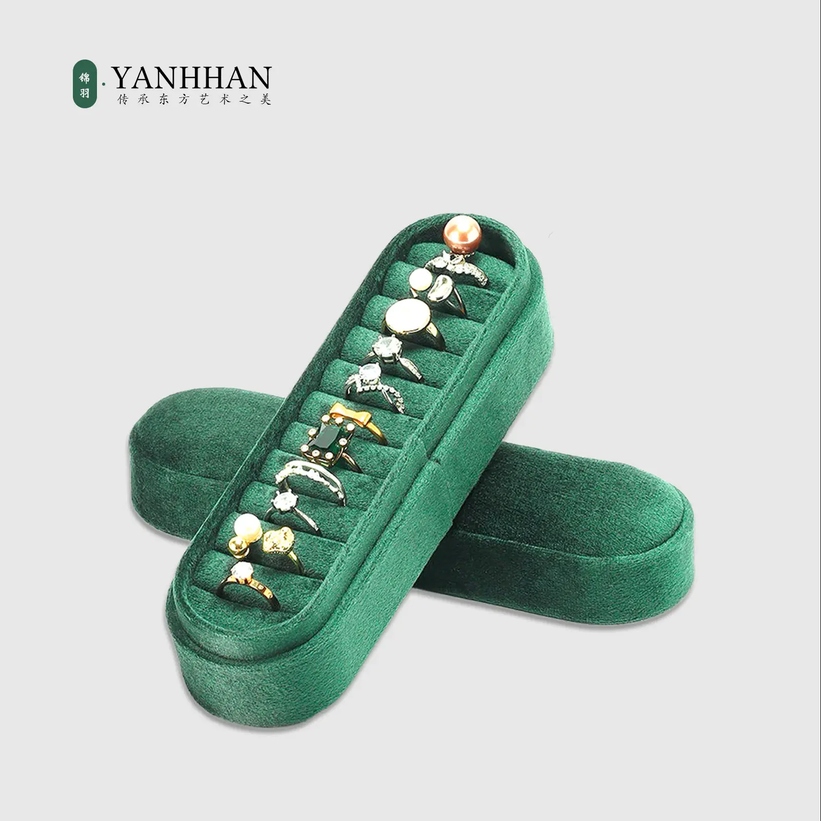 YANHHAN Classic Rectangle Velvet Small Multiple-Ring Jewelry Box with Compartments, Portable Home Organizer Travel Storage Case Earring Holder, Wedding Birthday Gift (Green)