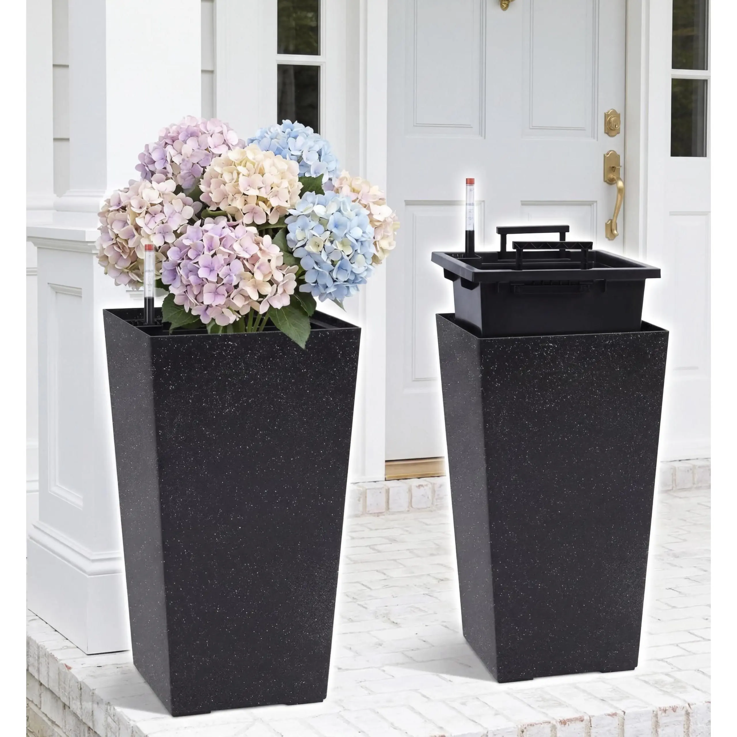 21.7" Black Tall Planters Outdoor Set of 2, Large Black Flower Pots Outdoor with Drainage Holes & Automatic Watering System, Modern Large Resin Planters for Outdoor Plants, Front Porch, Deck, Square