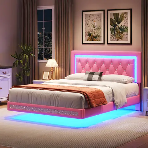 TryLazy Modern Floating Bed Frame with LED Lights, Upholstered Platform Bed Diamond Tufted Headboard, No Box Spring Needed, Noise Free, Easy Assembly