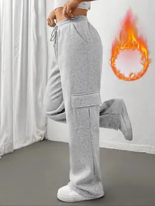 Women's Autumn Winter Fleece-Lined Side Pocket Sweatpants, Loose Fit Casual Fashion Straight Leg Long Pants for Daily Wear