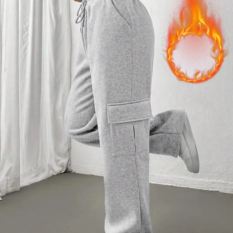 Women's Autumn Winter Fleece-Lined Thick Side Pocket Adjustable Drawstring Waist Straight Leg Sweatpants, Loose Fit Basic Casual Comfy Stretchy Fashion Straight Leg Long Trouser Pants for Daily Wear Womenswear Fashion Bottoms