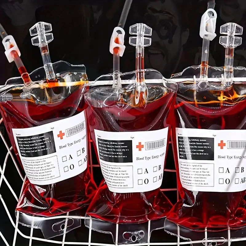 Halloween Spooky Creepy Vampire Blood Bags, 5pcs/set Pack 11.83 oz Foldable Plastic Drink Bags, Reusable and Refillable, Includes Labels, Perfect for Fun Parties, Party Supplies and Decorations