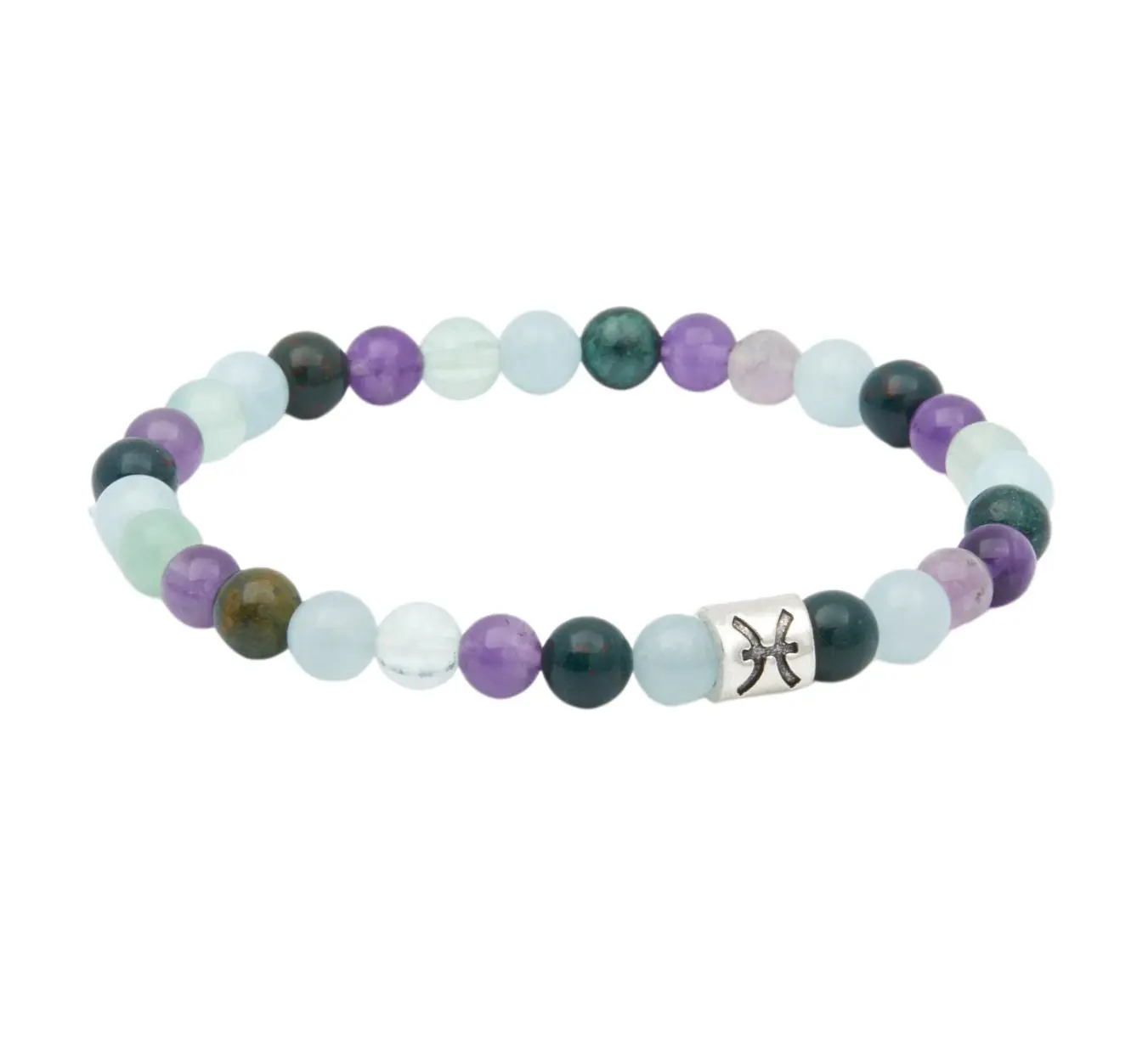 Pisces Zodiac Elastic Bracelet - 6mm beads Bloodstone, Amethyst, Fluorite, Aquamarine