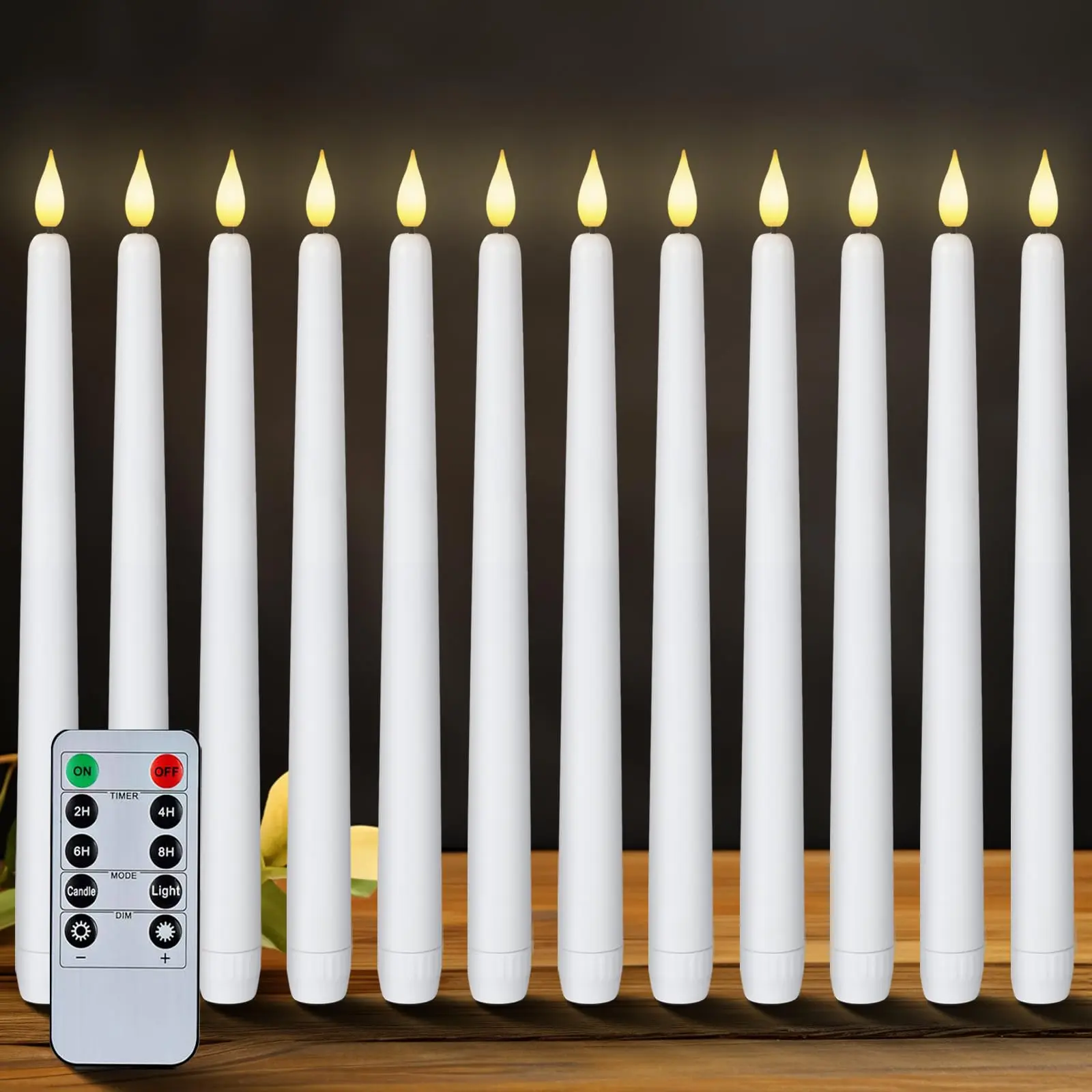 12 White Taper Candles - 11in Realistic 3D Flame Plastic Battery-Operated Candlesticks with 3D Bead Design, Remote Timer, Adjustable Dimmable Candle Lights for Halloween, Christmas Back to School Summer Sale Deals