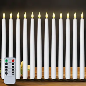 12 Pcs Flameless Taper Candles with Remote Timer Dimmer, 11 inches White LED Taper Candles, Plastic Battery Operated Candlesticks with Flickering Flame for Halloween Christmas Wedding Party