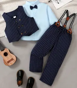3-Piece Boys' Gentleman Suit | Light Blue Pinstripe Vest and Pant Set with Formal Button-Down Shirt | Dapper Party Outfit for Weddings and Birthdays | Sizes 4-7Y  42407056