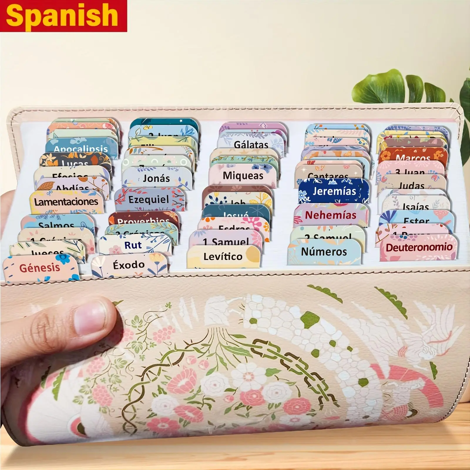 Spanish Bible Tabs, 75pcs/set Pastel Bloom Theme Laminated Sticky Labels Fashionable Letter Label Decorated Bible Tabs for Women & Men, Spanish Bible Tabs for Home & Office, Office Supplies