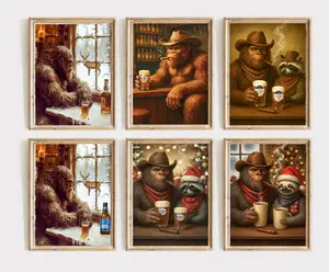 Bigfoot, Turkey & Raccoon light one up and pop a brew print, Vintage Animal unframed Poster, Funky Western Wall Art, Cabin Cave Decor, Gift for Hunters