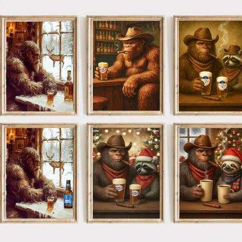 Bigfoot, Turkey & Raccoon light one up and pop a brew print, Vintage Animal unframed Poster, Funky Western Wall Art, Cabin Cave Decor, Gift for Hunters