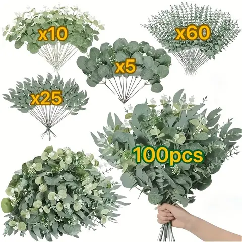 100pcs Pack Artificial Eucalyptus Stems Mix, Silver Color Clips, DIY Bouquets, Diy Fake Flowers, Fake Plastic Flowers, Decorative Floral Arrangements, DIY Floral Decoration, Home Decor, Indoor Outdoor Use, Plants, Fake Indoor Plants