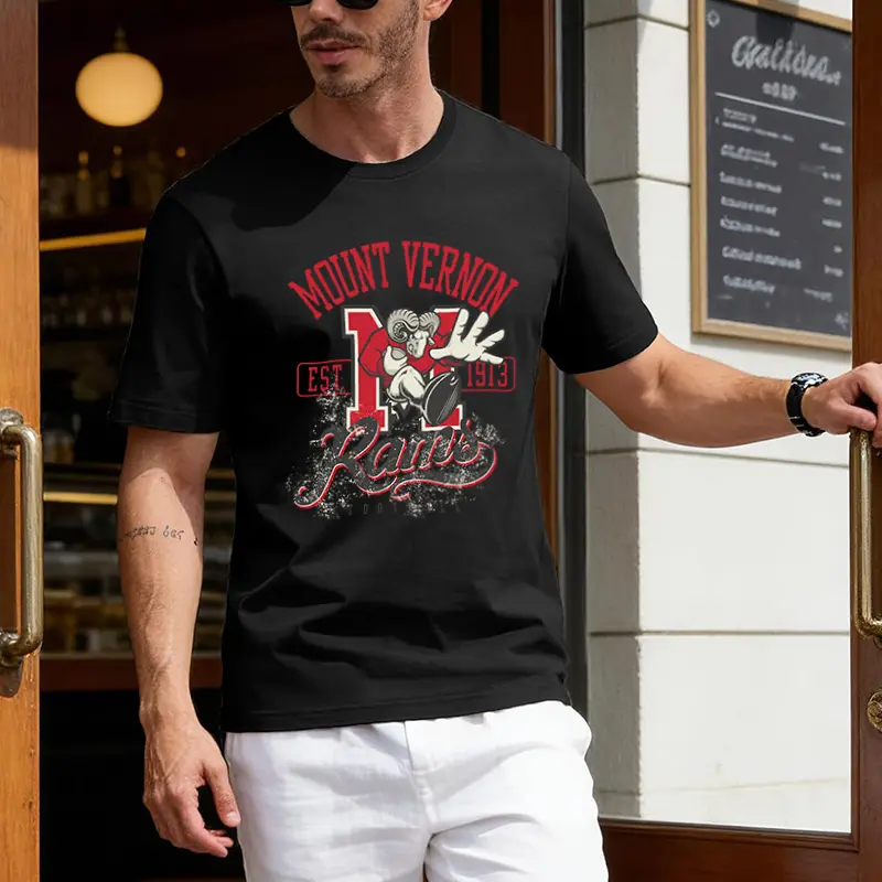 Men's Vintage Graphic T-Shirt, Mount Vernon Rams Football Crew Neck Short-Sleeve Top for Casual Athletic Streetwear, Shortsleeve, Tshirt, Menswear, Sporty Chic, Football Fashion, Round Neck, All Seasons, Vintage Print, Normal Type, Team Logo