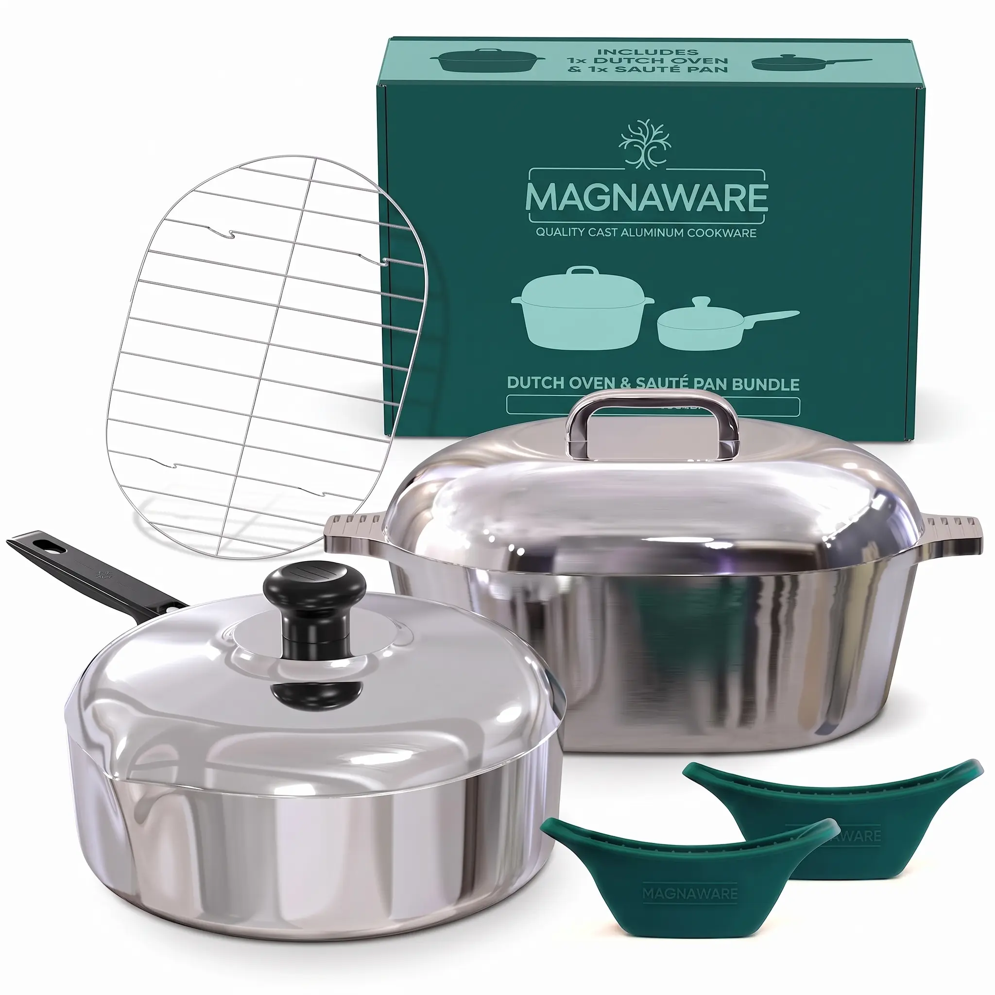 MAGNAWARE Cast Aluminum Cookware Set - 8 Quart 13 Inch Oval Dutch Oven with Silicone Handle Covers + 4 Quart 12 Inch Sauté Pan, with Lids