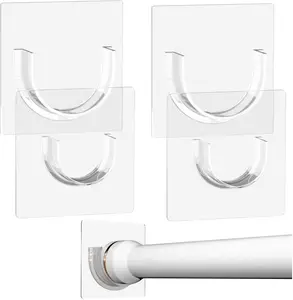 Shower Rod Holder with Strong Adhesive, 4 Pack Shower Curtain Rod Holder for Wall, Tension Curtain Rod Bracket No Drilling (Rod not Included)