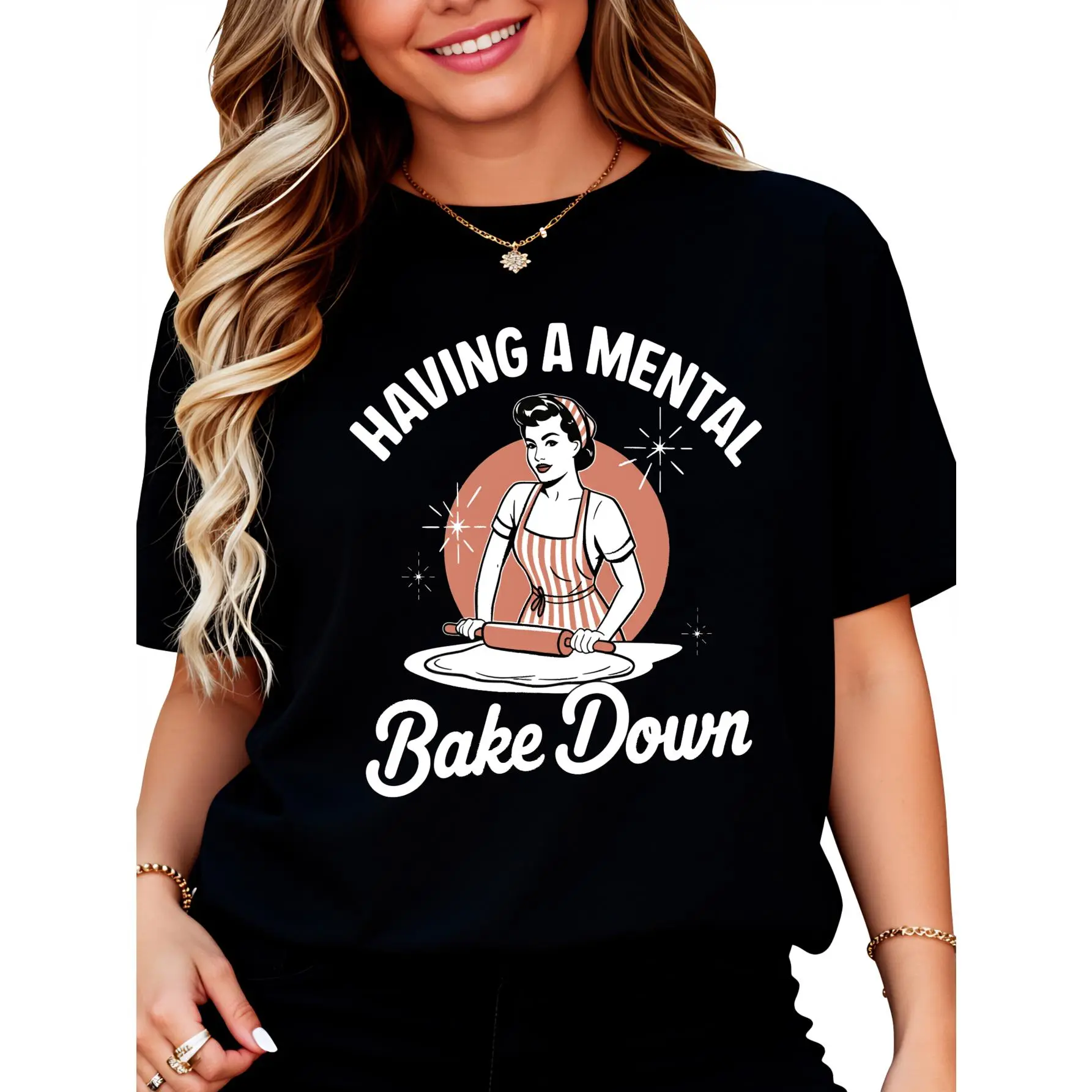 100% Cotton Unisex Having a Mental Bake Down Funny Vintage Women Baking Quote Round Neck Short Sleeve T-Shirt Women's Men Graphic Tee