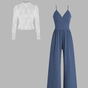 Two-piece Set Women's Solid Color Lettuce Trim Mock Neck Sheer Lace Top & Pocket Wide Leg Cami Jumpsuit, Elegant Fashion Casual Two Piece Outfits for Daily Outdoor Wear, Women Clothes for Spring Fall