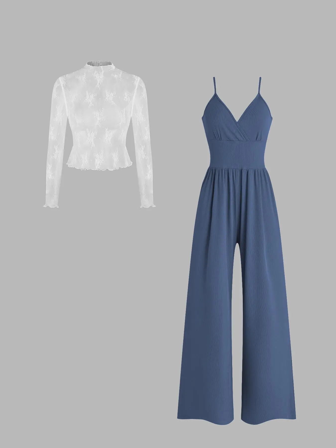 Two-piece Set Women's Solid Color Lettuce Trim Mock Neck Sheer Lace Top & Pocket Wide Leg Cami Jumpsuit, Elegant Fashion Casual Two Piece Outfits for