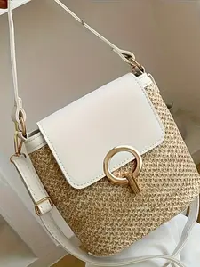 2026 New Personality Straw Beach Bag, Textured Bag, Casual Simple Versatile Lock Buckle Shoulder Crossbody Bag, Large Capacity Fashion Handbag Shoulder Purse for Women, Casual Crossbody Bags