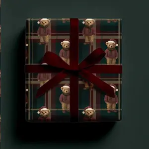 Bear Christmas Wrapping Paper Roll - Dark Plaid Teddy Bear Gift Wrap, Heritage Holiday Tartan, Classic Christmas Wrap Roll