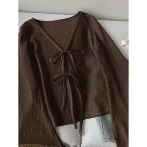 Women’s casual loose V-neck long-sleeved shirt, textured solid button-up shirt, fashionable slim-fit casual top GARMENTARY