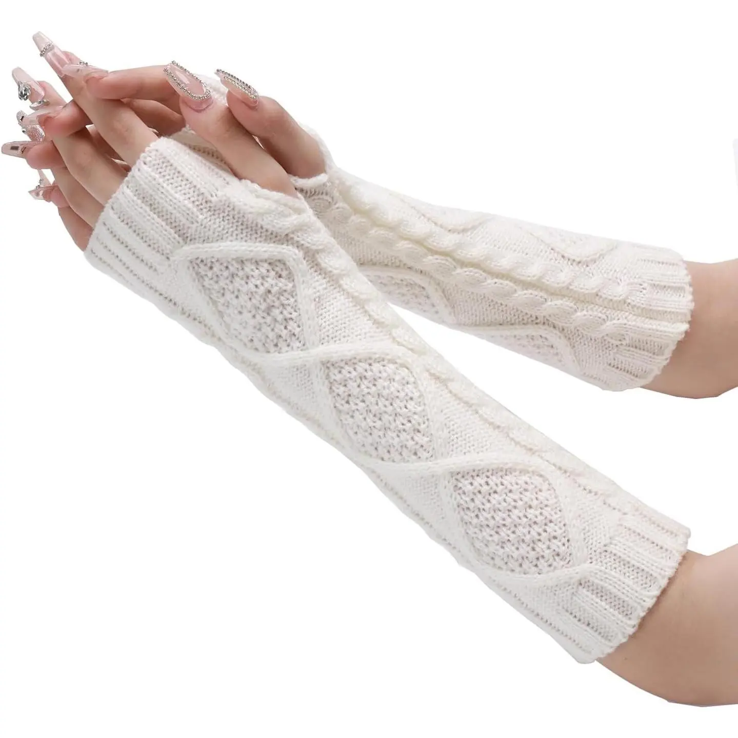 Cable Knitted Long Fingerless Sports Gloves with Thumb Hole for Winter Sports & Outdoor Activities, Warmth, Outdoor Enthusiast, Office Worker, Crochet, Female, Slim Fit, Mother’s Day