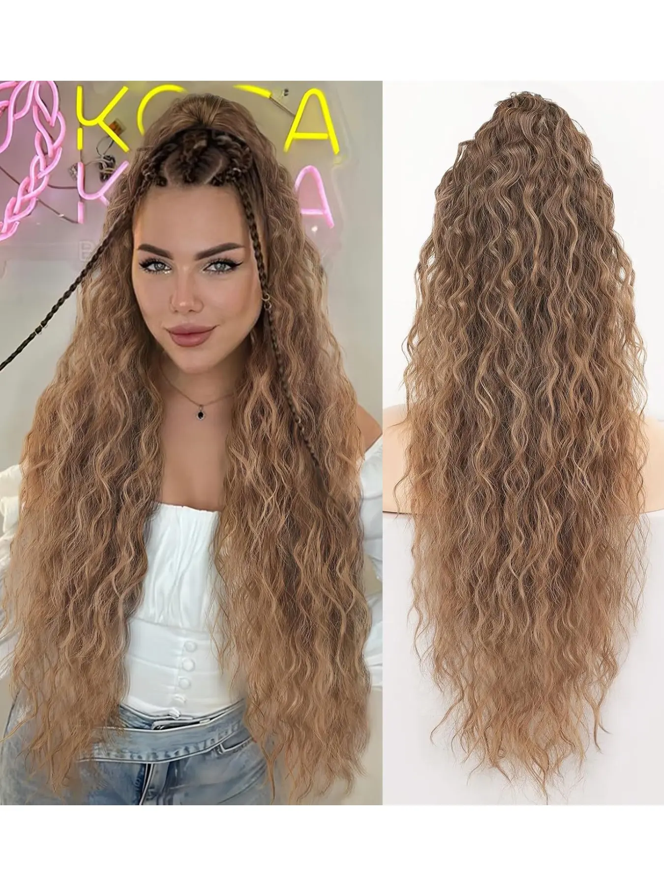 Women's Long Cornrow Wavy Drawstring Ponytail Wig, 32 Inches Voluminous Ponytail, Daily and Party Use