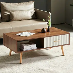 Rectangle Coffee Table with Solid Wood Legs, Sliding Drawer for Storage, Modern Table for Living Room , Walnut Color