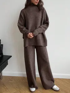 Women's Cozy Knit 2-Piece Sweater Set Stand Collar Oversized Long Sleeve Top & Wide Leg Pants Soft Lounge Set for Fall/Winter Comfy Casual Outfit