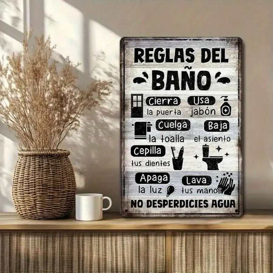 Spanish Bathroom Rules Tin Sign – "Reglas del Baño" Vintage Farmhouse Metal Wall Decor – 8*12 Inch (20*30 cm) Rust-Proof Bathroom & Restroom Sign – Durable High-Quality Metal for Home, Office & Spanish-Themed Rooms