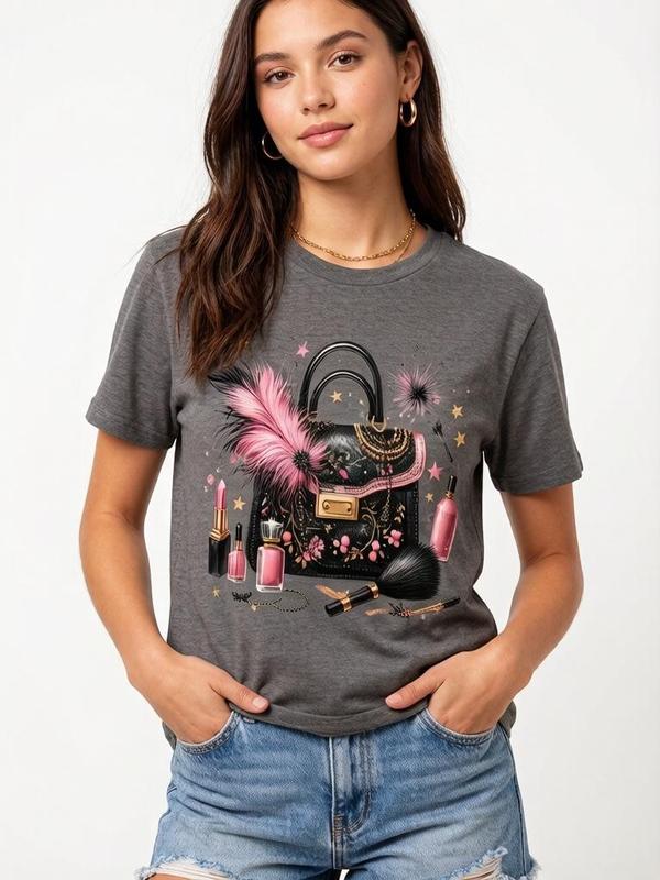 Lady's Casual Fitted Cropped Y2K Aesthetic Cotton T-Shirt - Soft Fabric, Cute Makeup Bag Art Graphic, Vintage Washed Grey Top, Summer Streetwear Glam Tee