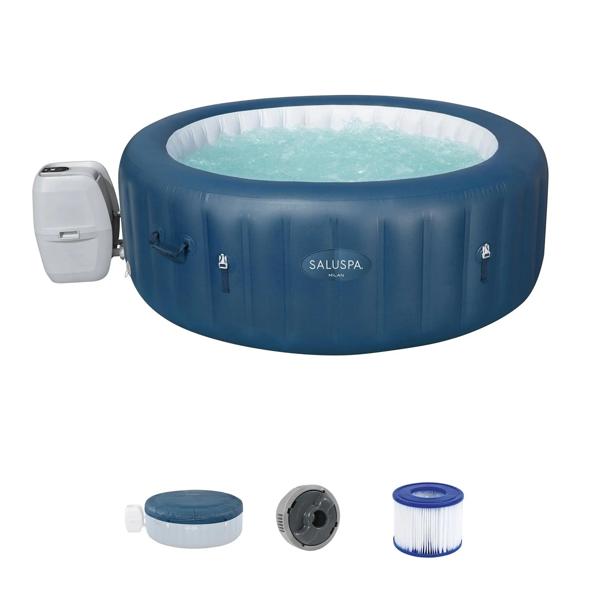 Bestway SaluSpa Milan AirJet Inflatable Hot Tub with EnergySense Cover, Blue Round Bestway SaluSpa Milan AirJet Inflatable Hot Tub with EnergySense Cover, Blue Round