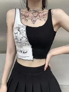 Women's Punk Style Patchwork Crop Tank Top - Lady's Casual Sleeveless Streetwear with Color-Blocking, Aesthetic Letter and Graphic Print