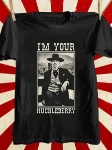 Men's Oversized I'm Your Huckleberry Graphic T-Shirt, Vintage, Classic, Aesthetic Tombstone Movie Doc Holliday Print Tee, Crew Neck, Retro Western Cowboy Style, Movie Quote Shirt for Film Fans & Western Enthusiasts, Black Distressed