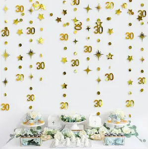 Gold 30th Birthday Decorations - Number 30 Circle Dot Twinkle Star Garland Hanging Banner for Dirty 30 Party