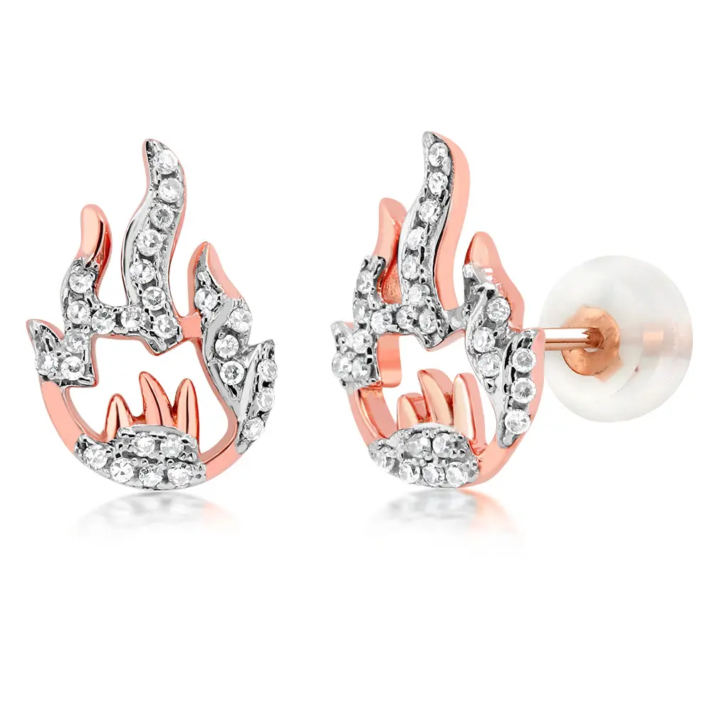 Diamond Flame Stud Earrings For Women | 10K Solid Rose Gold  | 0.18 Cttw | Design by GORALSKA