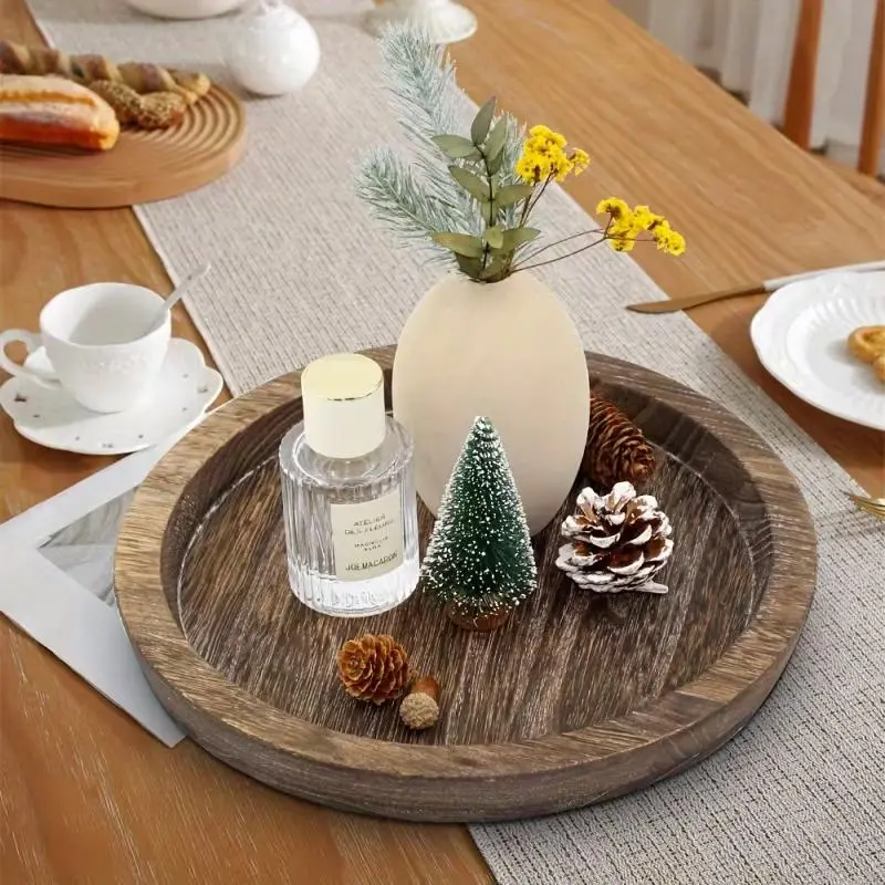 Round Rustic Wooden Serving Tray, Vintage Decorative Wood Tray for Table Centerpiece, Kitchen Countertop Home Decor Coasters Tableware