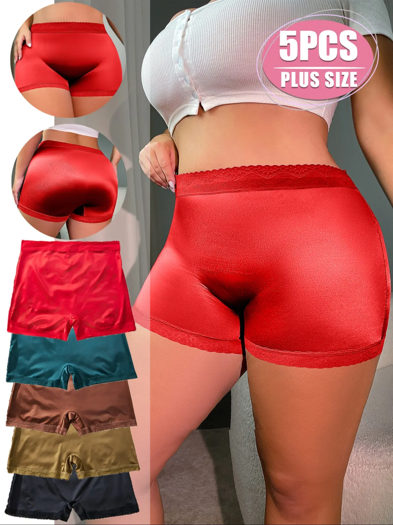 Women's High Waist Smooth Satin Panties Set, Fitted Fashion Comfy Underwear, Perfect Fit Design, Daily Wear, Everyday, 5 Pieces, Plus Size