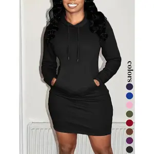 Women's Solid Drawstring Hooded Sweatshirt Dress, Casual Long Sleeve Pocket Dress for Fall & Winter, Ladies Clothes for Daily Wear