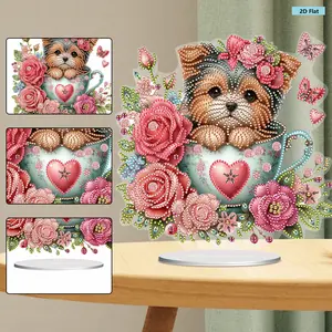 2D Flat Teacup Puppy Print DIY Diamond Painting Tabletop Ornaments Kit Table Top Diamond Painting Ornament Kits for Home Office Desktop Decor