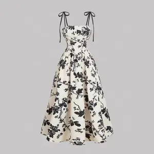 Women Elegant Vintage Floral Spaghetti Strap Dress High Waist
