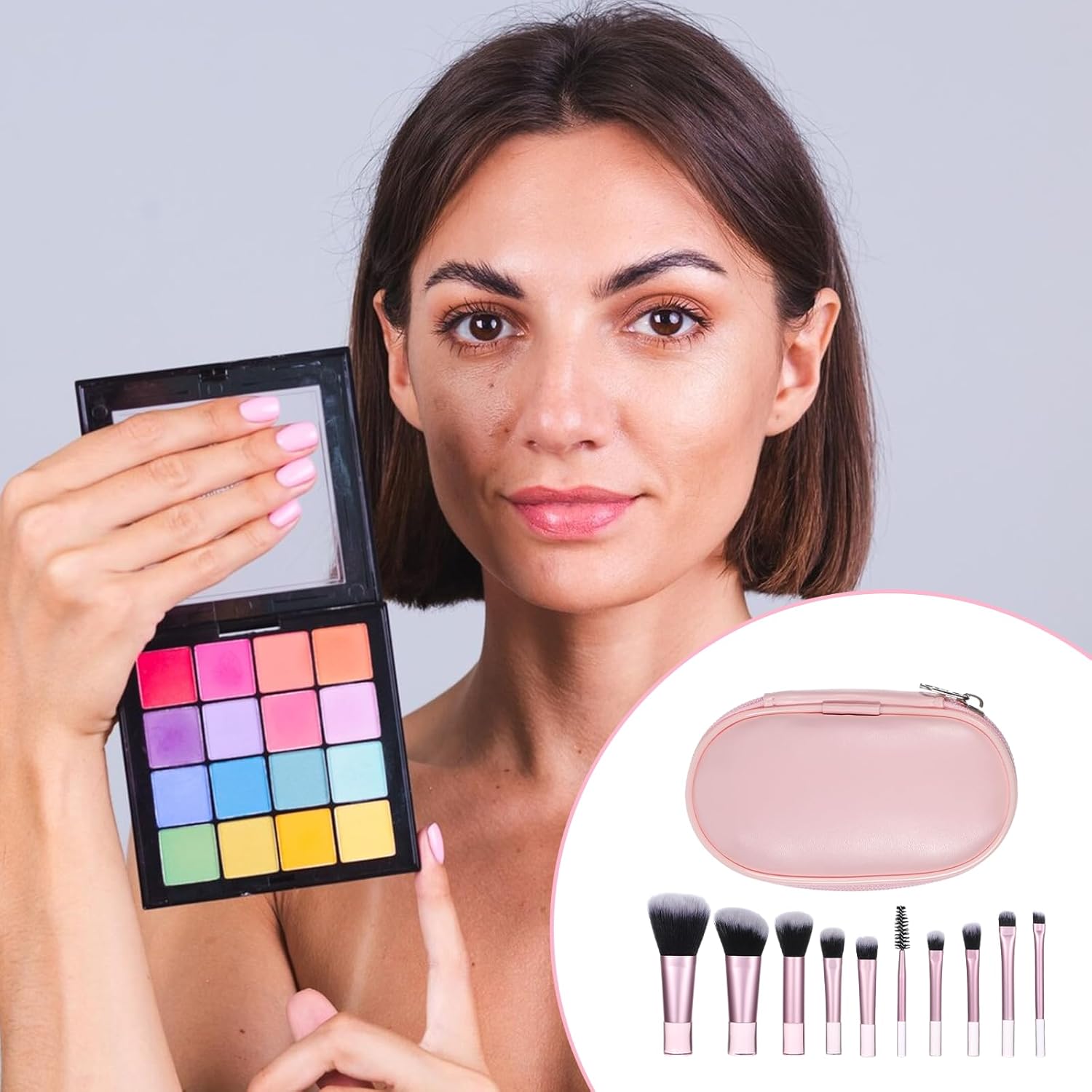 10 Pcs Mini Travel Makeup Brush Set with Pouch, Foundation, Eyeshadow, Blush, Highlighter, Angled Brow & Mascara Brushes - Soft Synthetic Fiber Brushes for On-The-Go & Daily Makeup