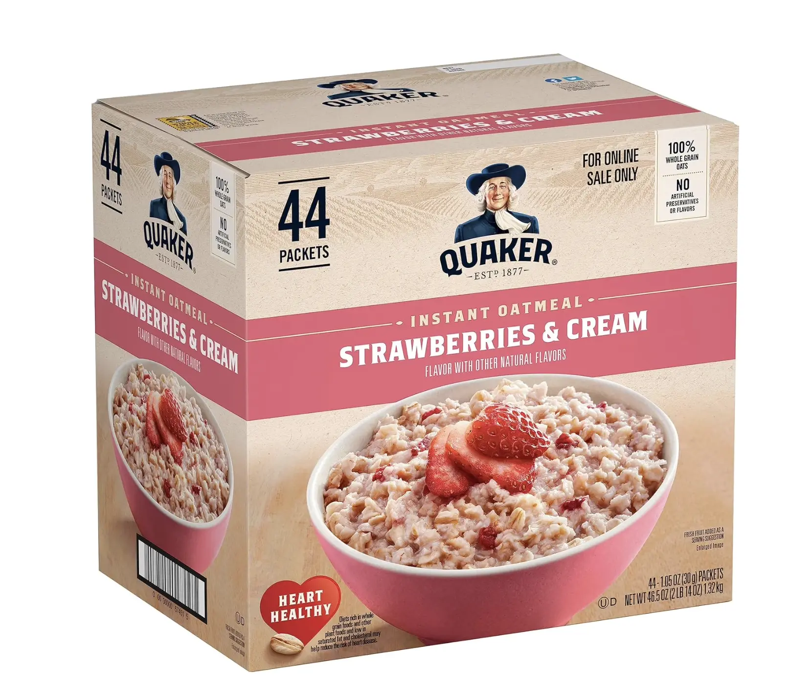 Quaker Instant Oatmeal, Strawberries and Cream, 44 Packets