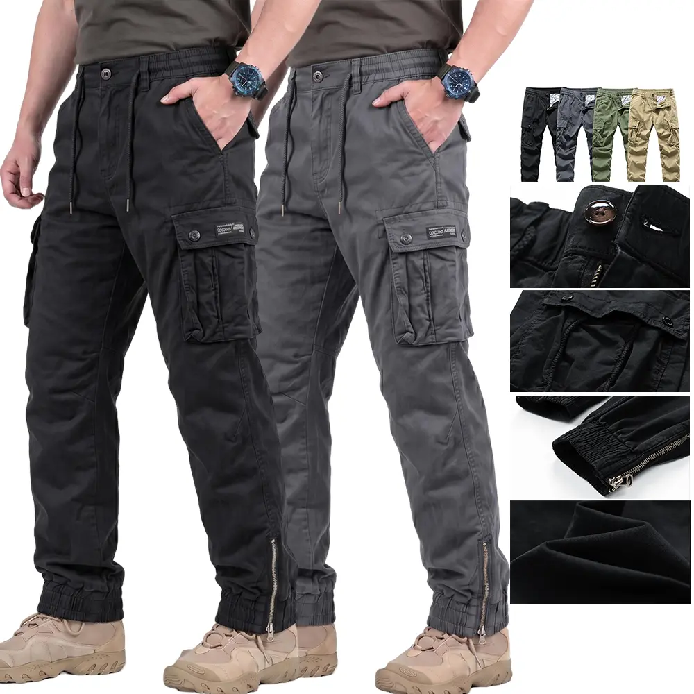 100% cotton tactical cargo jogger pants with snap closure and multiple pockets, fabric tag texture—fully stretchable; great for commuting, outdoor activities, and everyday wear.