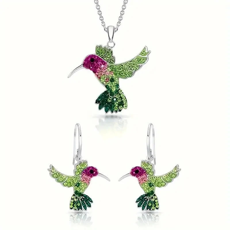 3pcs/set Women's Party Jewelry Set - Hummingbird Pendant Earrings + Necklace, Alloy with Synthetic Gems | Exquisite Design | Fashionable Party Accessory