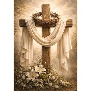 5D Diamond Painting Kit Rustic Wooden Cross Crown Of Thorns White Silk Cloth Lily Flower Vintage Spiritual Faith Religious Crystal Rhinestone Wall Decor Gift