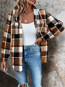 Loose Plaid Casual Shirt Open Front, Plaid Print Drop Shoulder Drawstring Hoodie Jacket, Stylish and Comfortable Outerwear