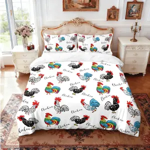 Three-piece bedding set painted style farm cock print (1 set +2 pillowcases, no core), personalized bedding, suitable for high-end bedrooms of various size to meet different needs
