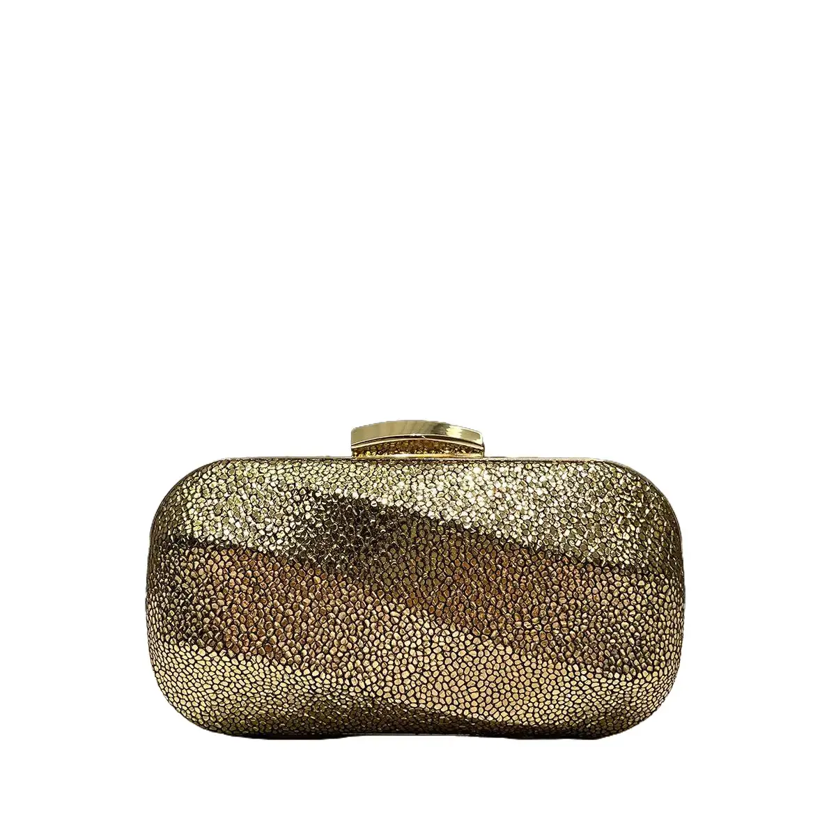 Women's Gold Glitter Rhinestone Hard Shell Clutch Purse - Oval Diagonal Stripe Sparkling Glam Formal Crossbody Bag with Round Gold Metal Lock, Detachable Chain Strap, for Wedding, Formal Events