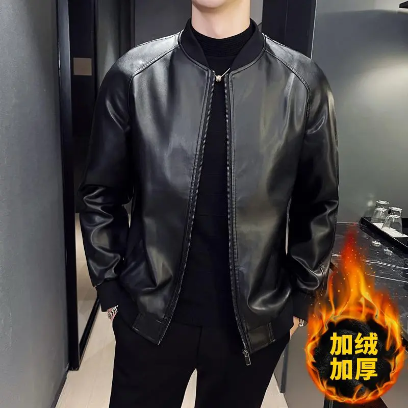 Qianlai New Thickened Fleece-Lined Leather Jacket Fitted Long Sleeve Casual All Seasons Medium Length Plain Style