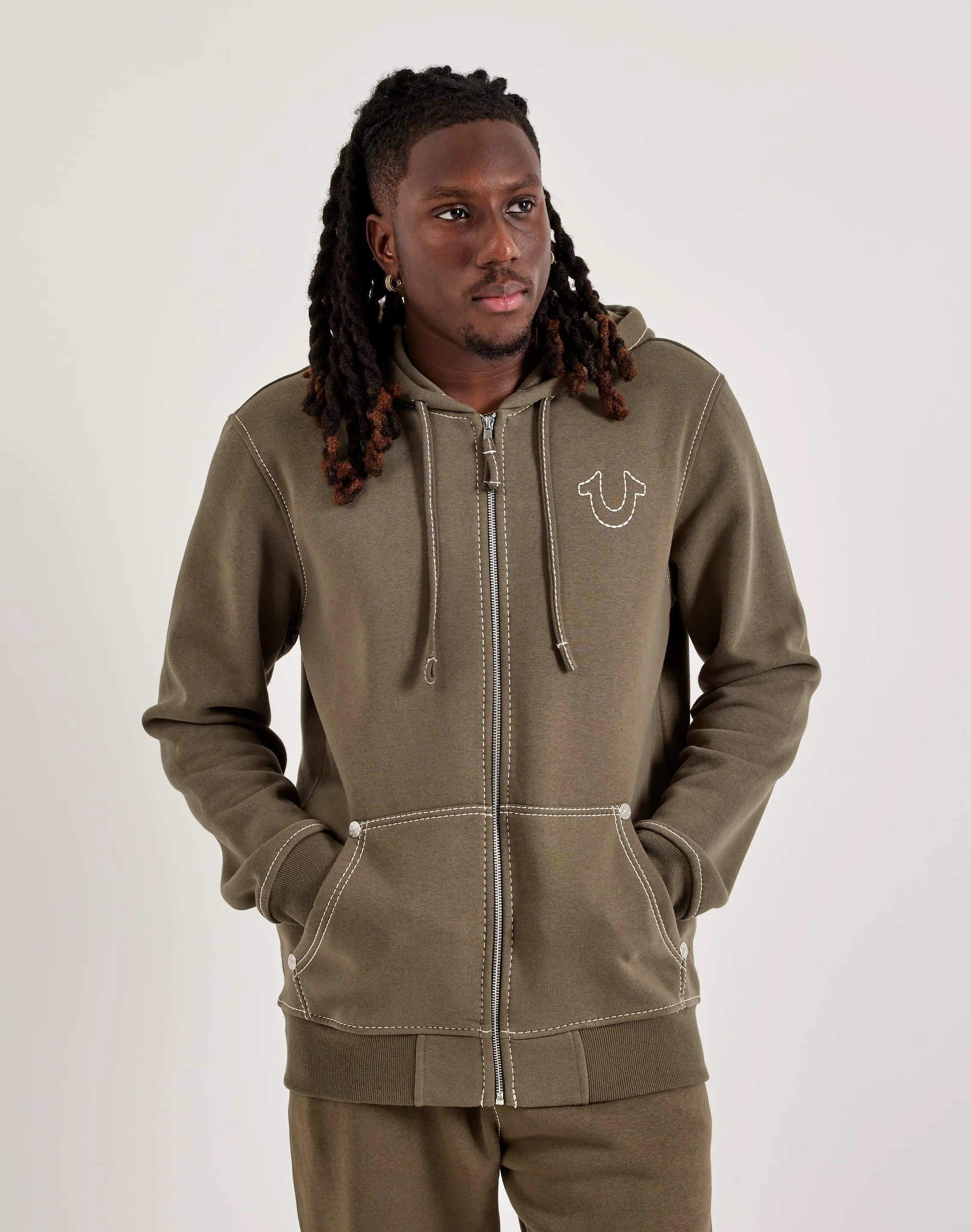 Mens True Religion Big-T Full-Zip Fleece Hoodie