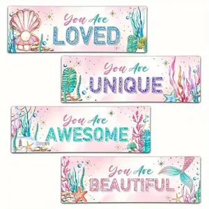 Mermaid Themed Wooden Wall Decor, 4 Counts/set Lovely Letter Pattern Wall Art Decoration with Double Sided Tape, Wall Decor for Home Living Room Bedroom, Stickers